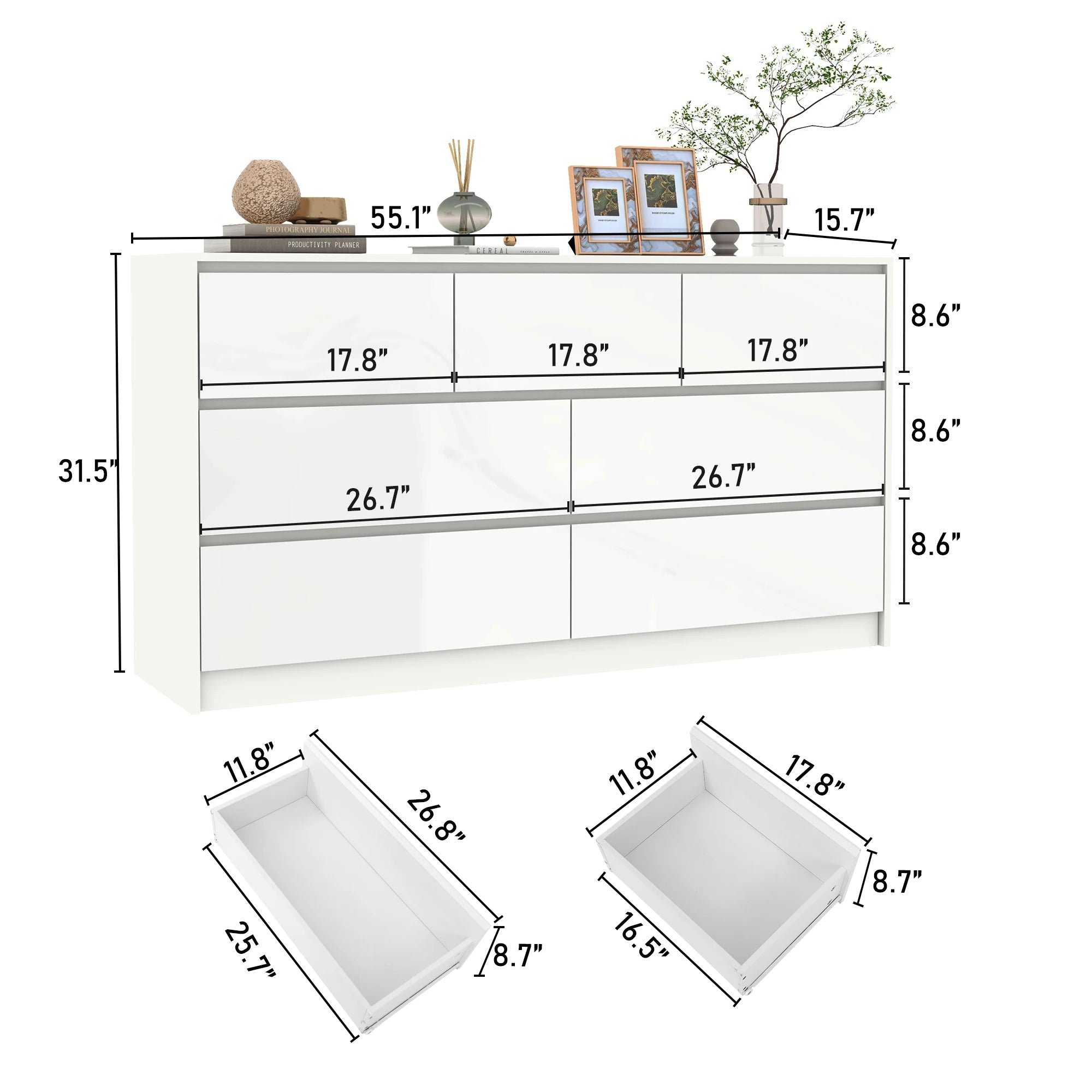 55" Modern 7-Drawer Dresser with High Gloss Finish