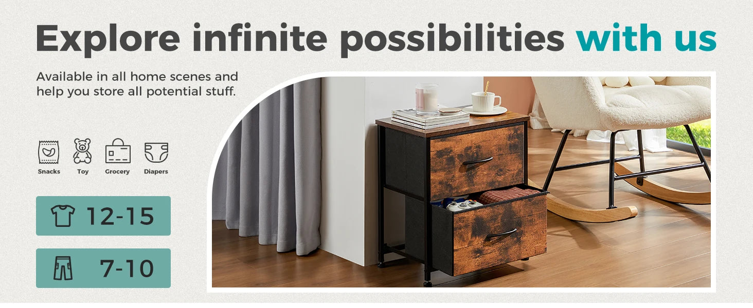 JHK Nightstand with 2 Fabric Drawers – Bedside & Coffee Table Storage Cabinet
