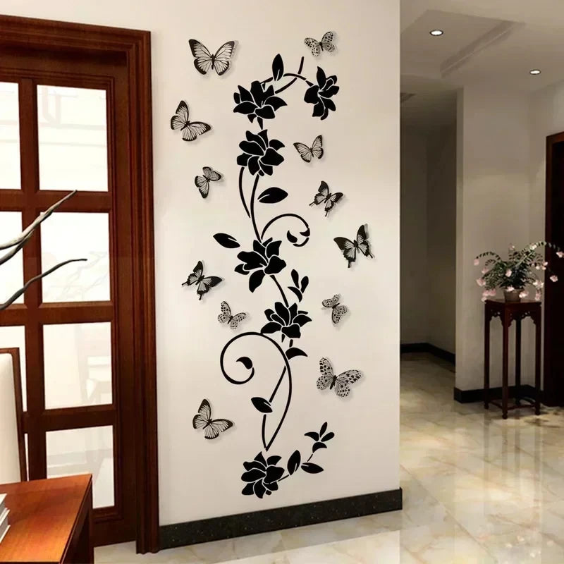 Black Flower & Butterfly 3D Wall Stickers – Removable Bedroom Decor