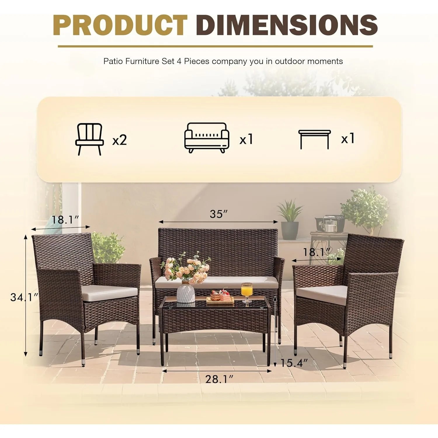 4-Piece Outdoor Rattan Furniture Set – Brown & Beige Wicker Chairs
