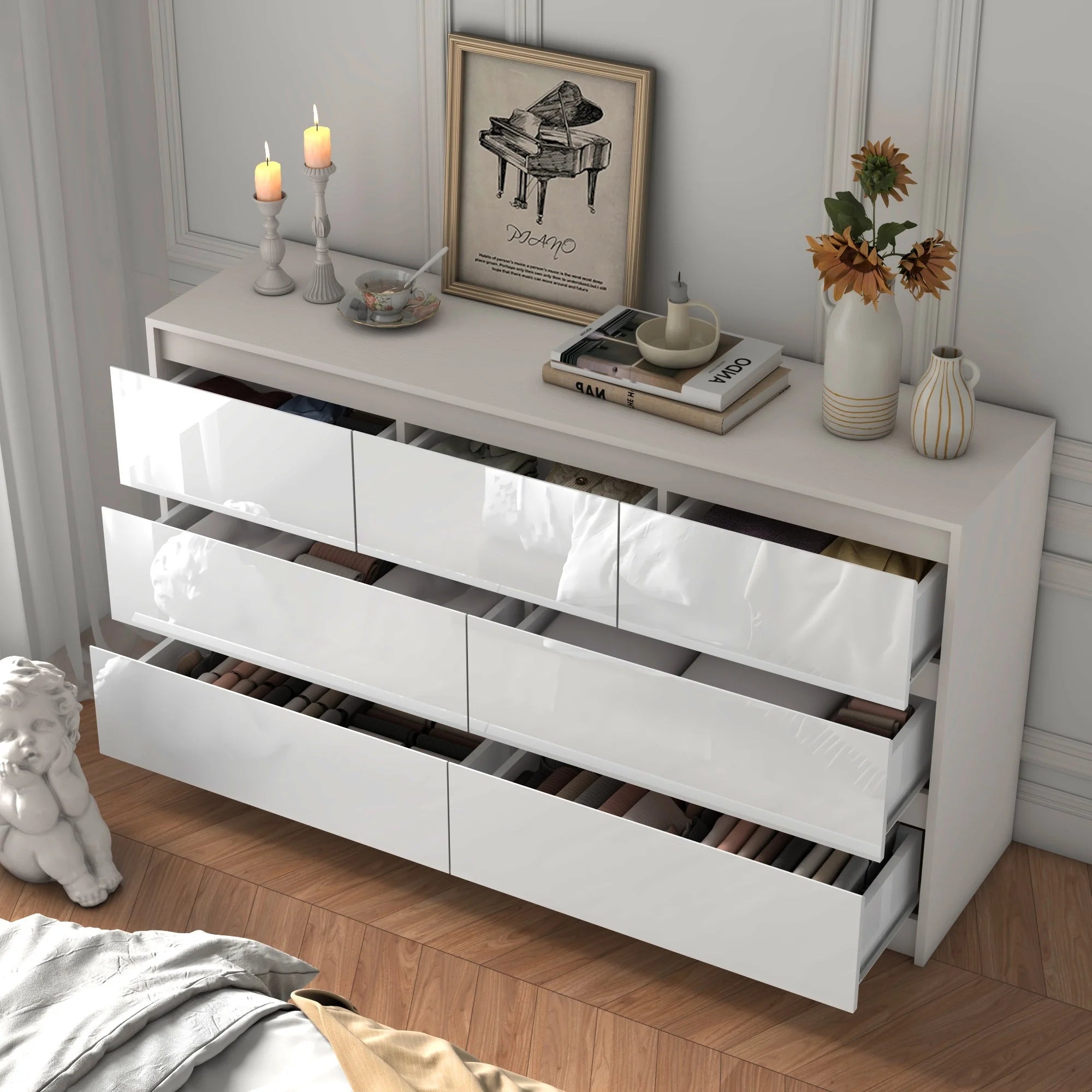 55" Modern 7-Drawer Dresser with High Gloss Finish