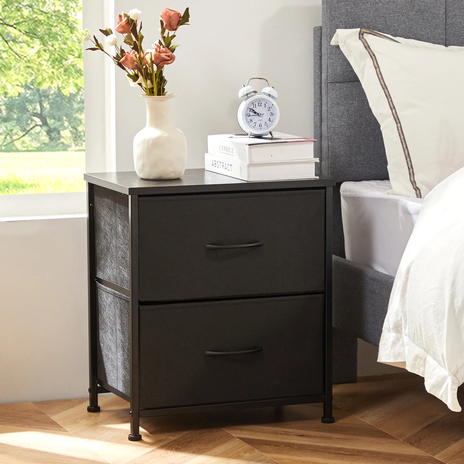 JHK Nightstand with 2 Fabric Drawers – Bedside & Coffee Table Storage Cabinet
