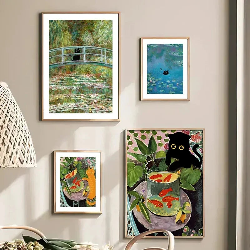 Black Cat Art Canvas Print Van Gogh Sunflowers Design