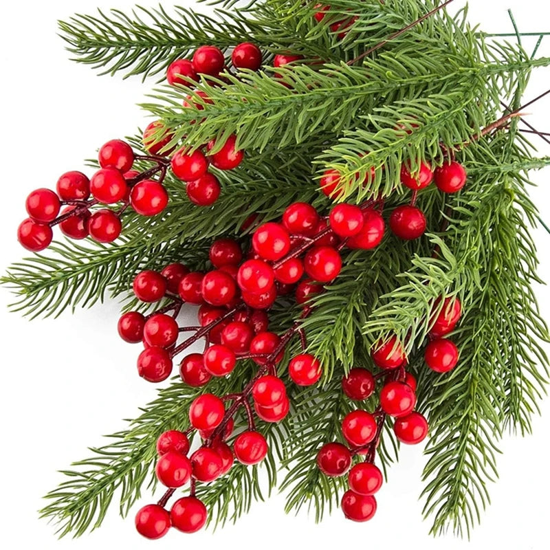 10PCS Artificial Pine Branches with Holly & Red Berries – Christmas Decorations