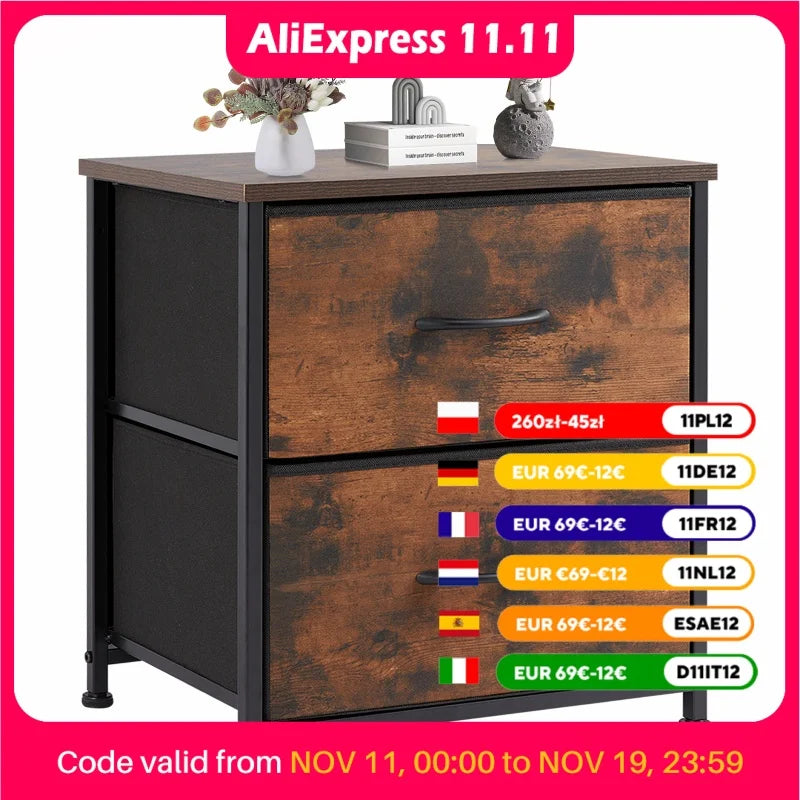 JHK Nightstand with 2 Fabric Drawers – Bedside & Coffee Table Storage Cabinet