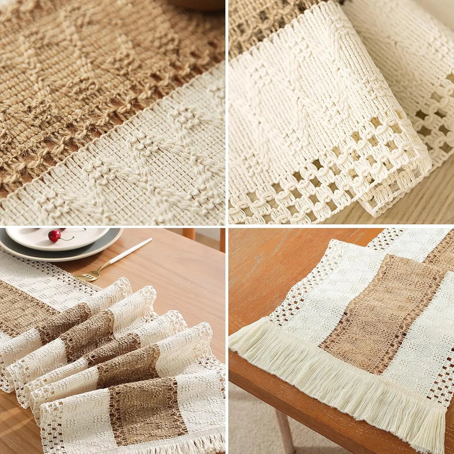 Boho Farmhouse Linen Table Runner – Rustic Macrame with Tassels
