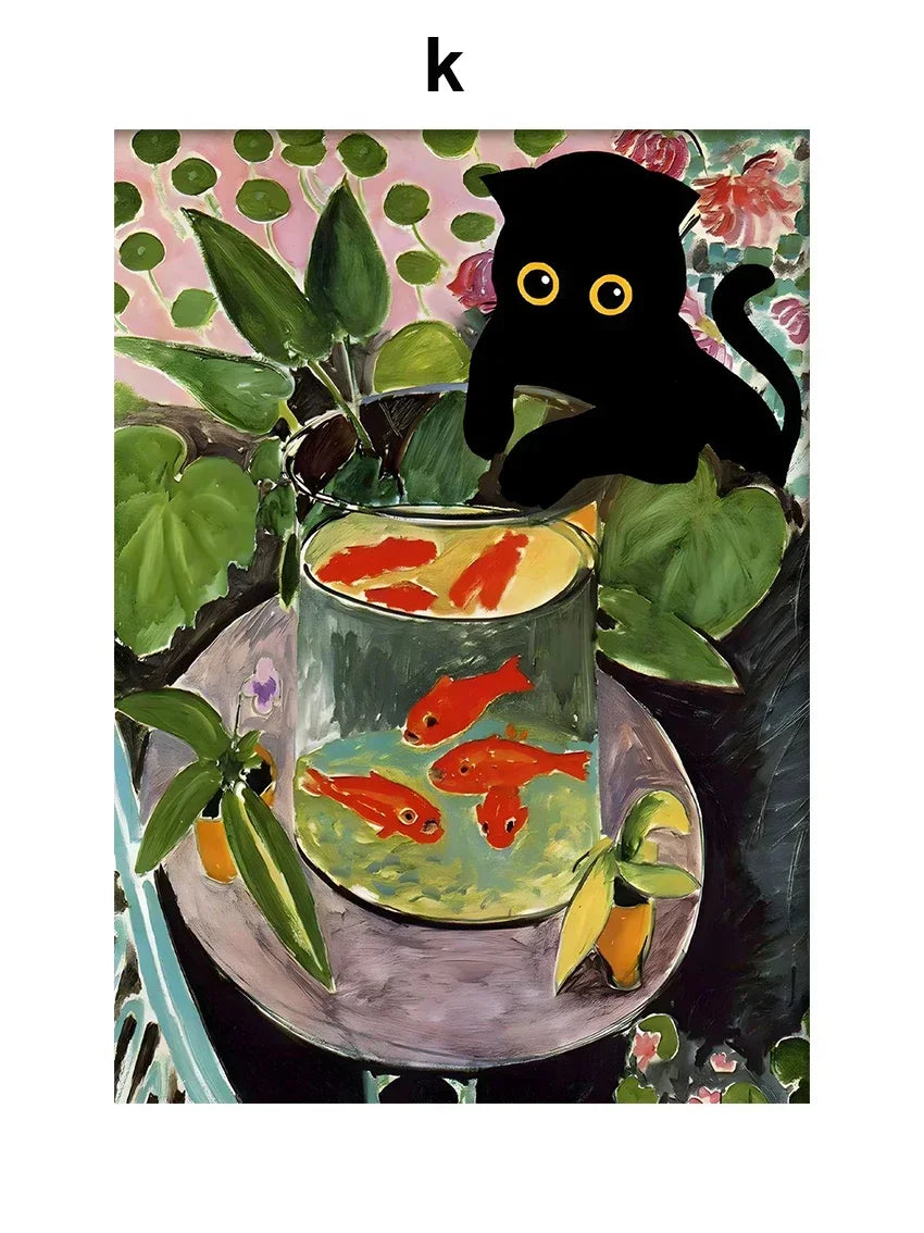 Black Cat Art Canvas Print Van Gogh Sunflowers Design