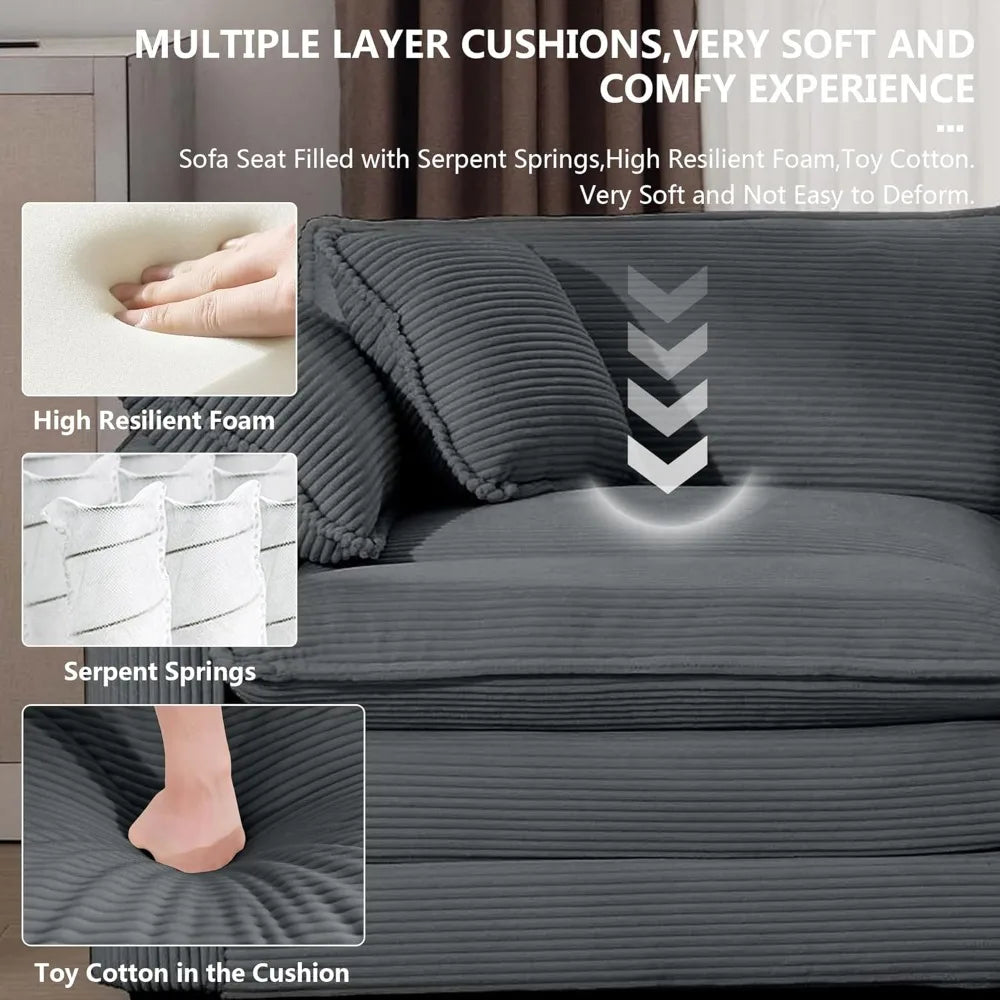 80" Oversized L-Shaped Corduroy Sectional Sofa – Modern Comfy Cloud Couch