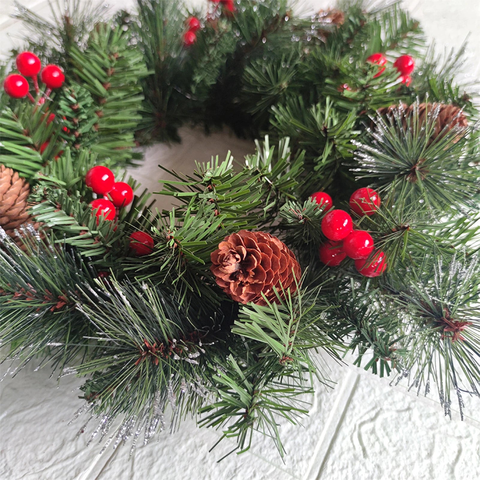 LED Pinecone Christmas Wreath – Artificial Wreath with Red Berries