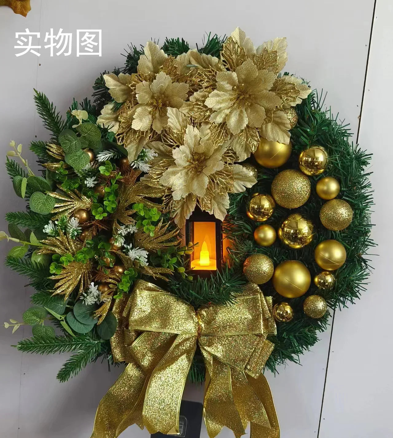 45cm Golden Christmas Wreath with Lights – Front Door & Wall Decor