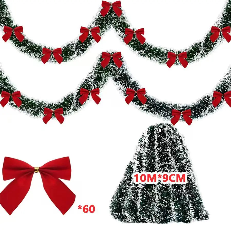 10M Christmas Tinsel Ribbon Garland – Green Cane with Bow