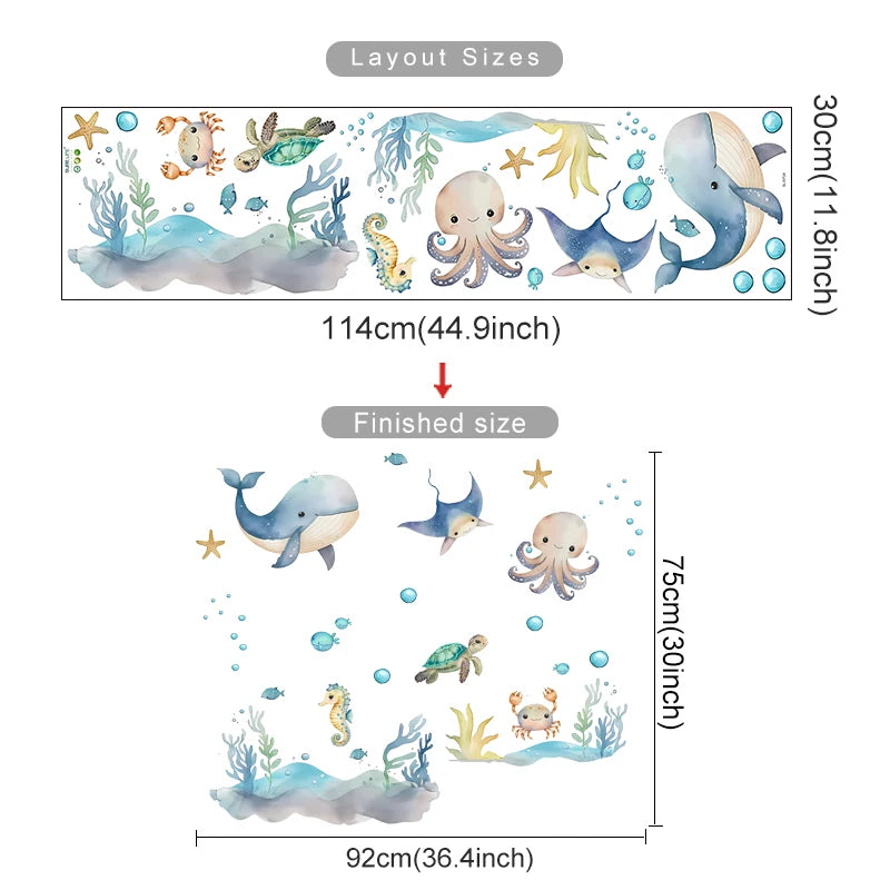Watercolor Marine Animal Wall Stickers – Whale & Turtle Nursery Decals