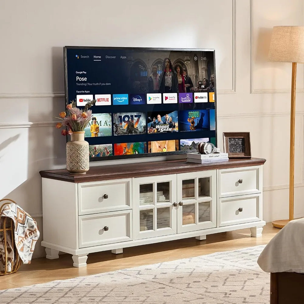 Rustic Farmhouse TV Stand – 4-Drawer Wood Entertainment Console