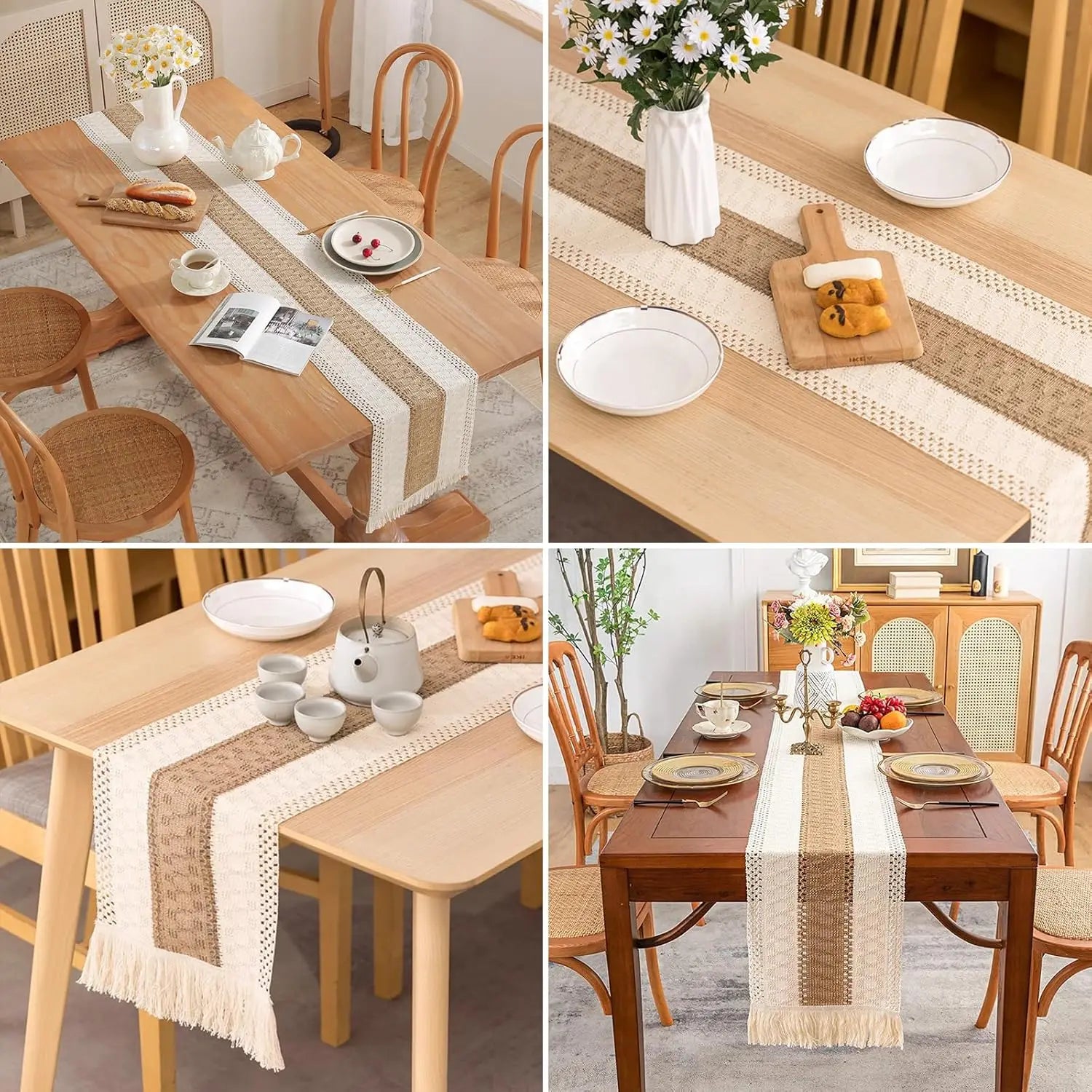 Boho Farmhouse Linen Table Runner – Rustic Macrame with Tassels
