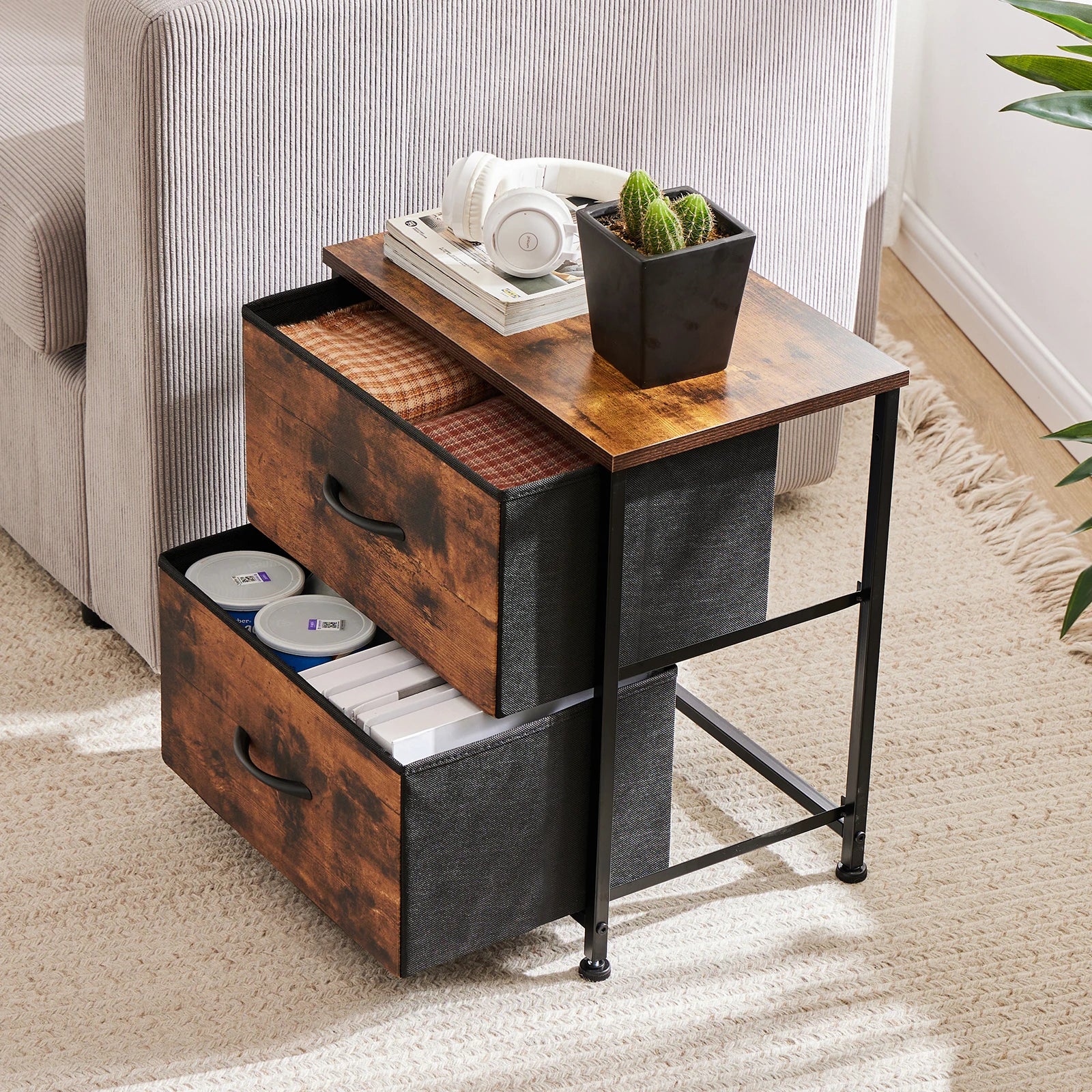 JHK Nightstand with 2 Fabric Drawers – Bedside & Coffee Table Storage Cabinet