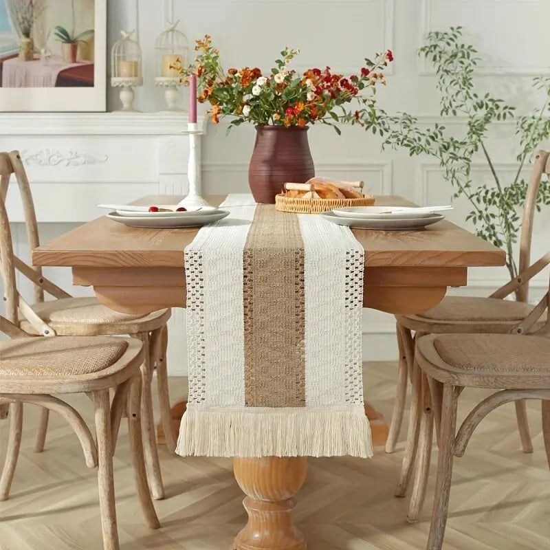 Boho Farmhouse Linen Table Runner – Rustic Macrame with Tassels