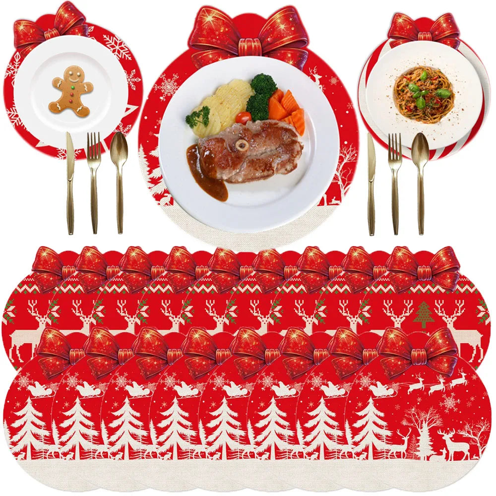 6/12/24PCS Red Christmas Placemats – Snowflake & Elk Table Decor