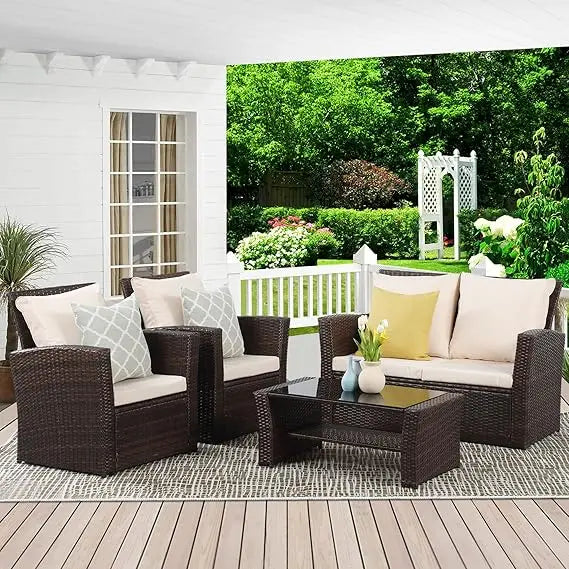 4-Piece Outdoor Wicker Patio Set – Brown Rattan Sofa with Cushions