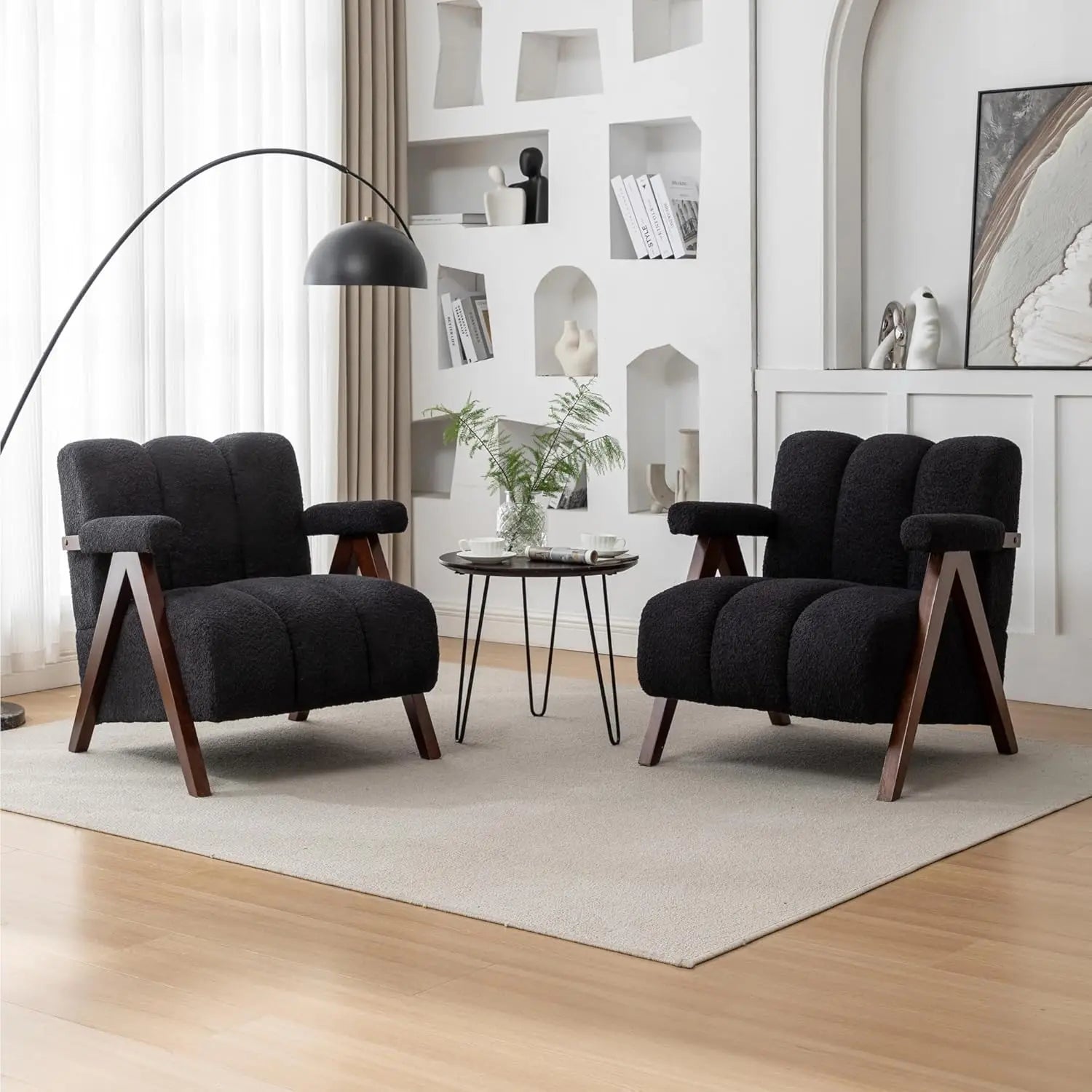 Set of 2 Mid-Century Modern Accent Chairs – Boucle Upholstered with Solid Wood Frame