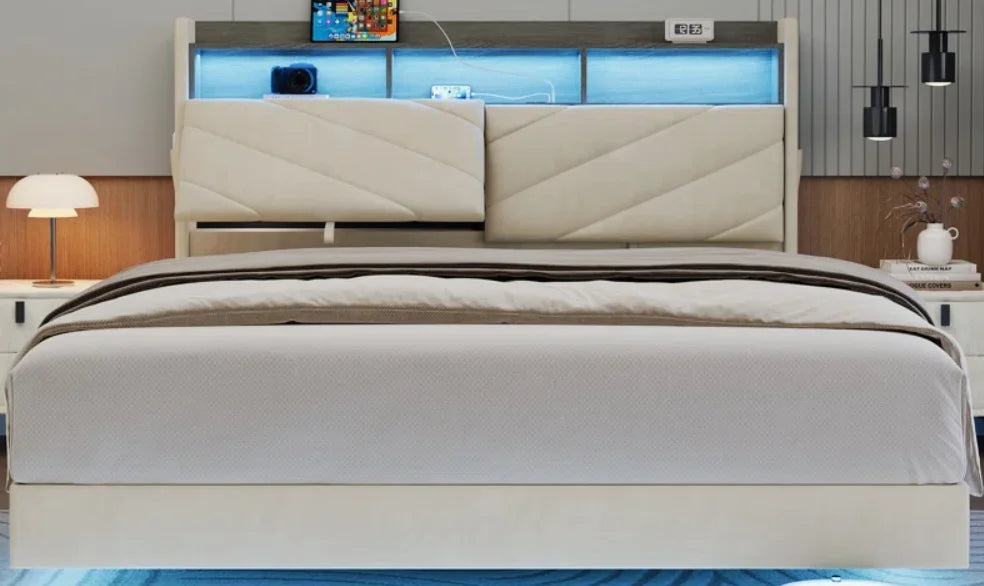 Upholstered Floating LED Bed – Adjustable Backrest with Storage
