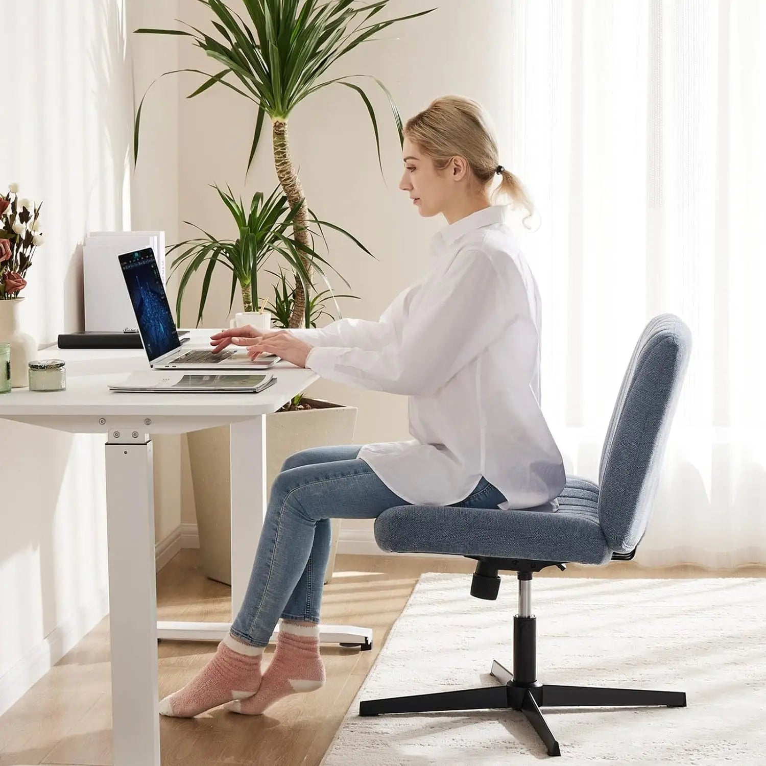 Criss-Cross Leg Office Chair – Armless Adjustable Swivel Seat